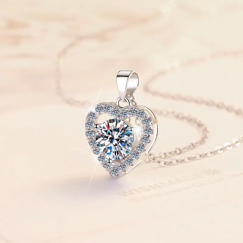 Collar de Plata 925, Corazón único moissanita de 1 ct, certificado GRA