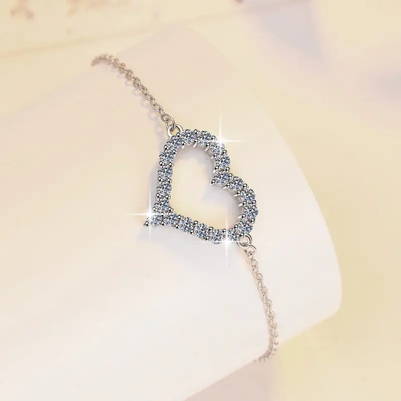 Pulseras de Plata Esterlina 925, diseño corazon full moissanita, certificado GRA