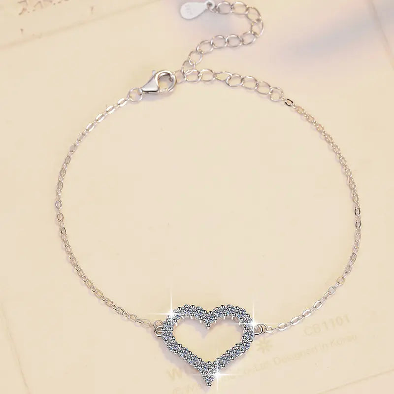 Pulseras de Plata Esterlina 925, diseño corazon full moissanita, certificado GRA