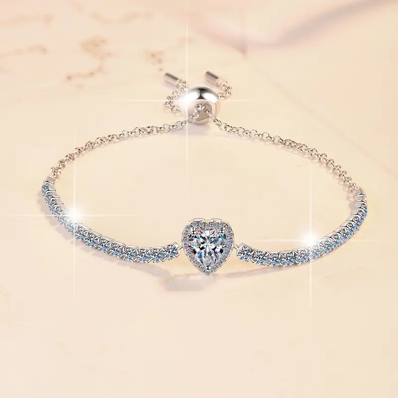 Pulsera de Plata Esterlina 925, diseño corazón único moissanita de 2 Quilate, certificado GRA
