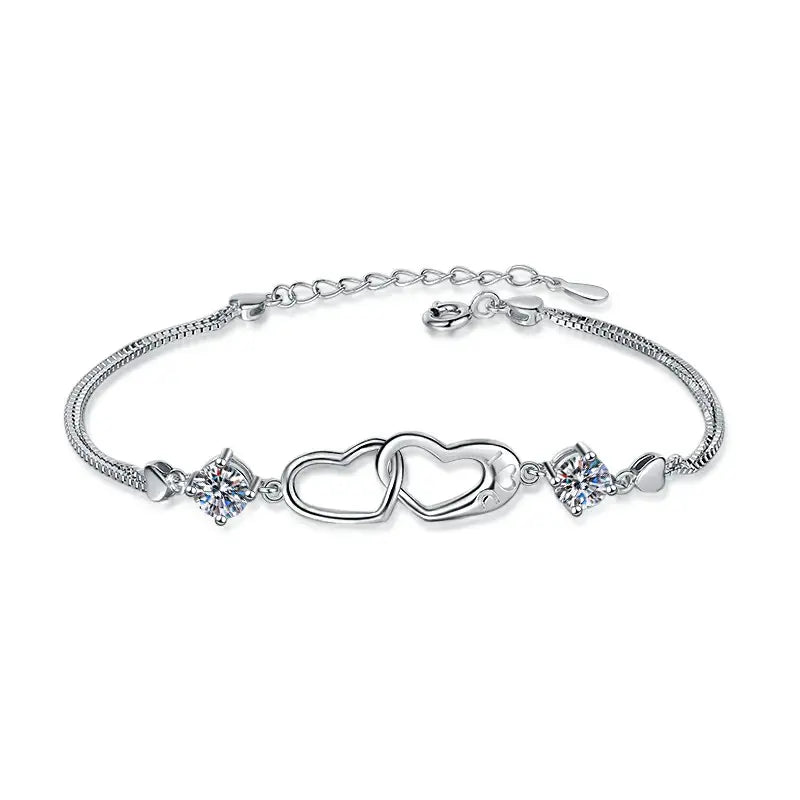 Pulsera de Plata Esterlina 925, diseño 2 corazones unidos, moissanita de 1 Quilate, certificado GRA