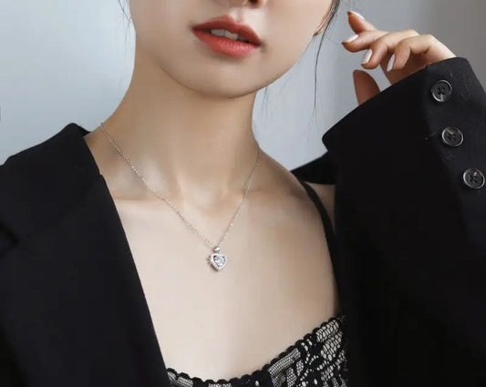 Collar de Plata 925, Corazón único moissanita de 1 ct, certificado GRA