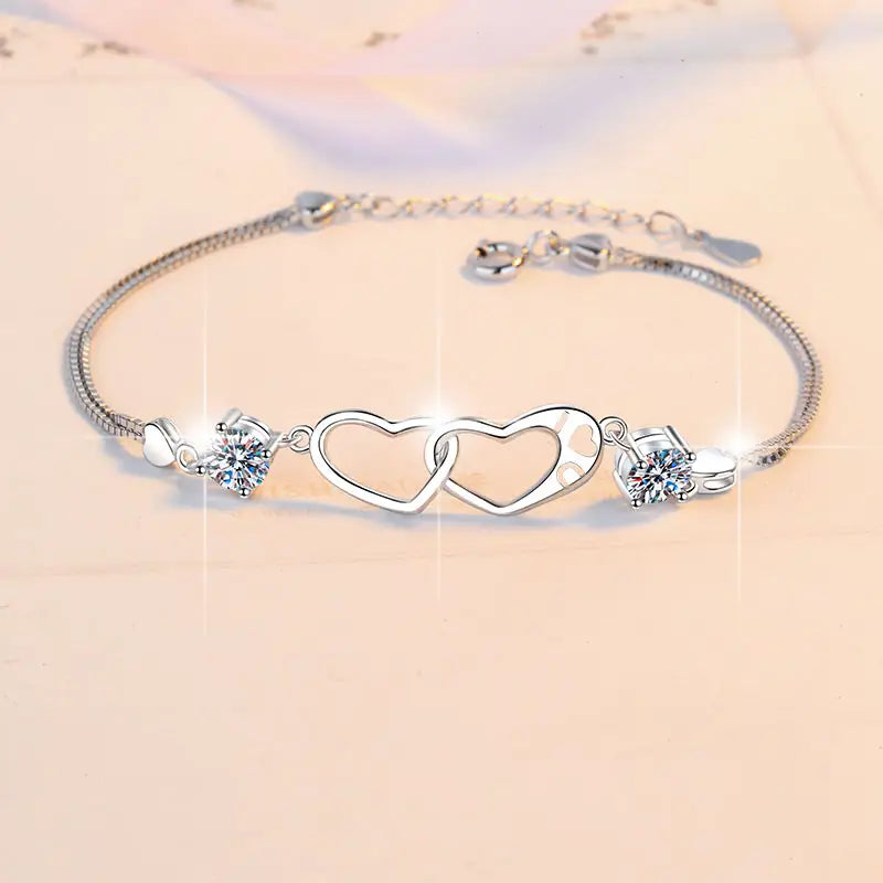 Pulsera de Plata Esterlina 925, diseño 2 corazones unidos, moissanita de 1 Quilate, certificado GRA
