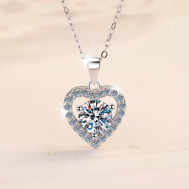 Collar de Plata 925, Corazón único moissanita de 1 ct, certificado GRA