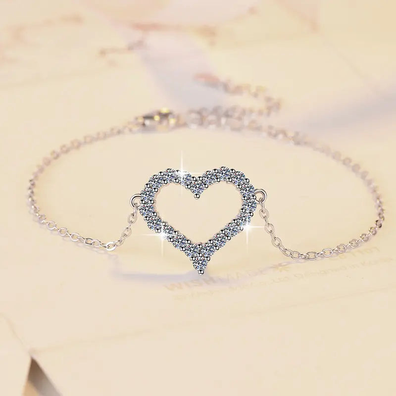 Pulseras de Plata Esterlina 925, diseño corazon full moissanita, certificado GRA