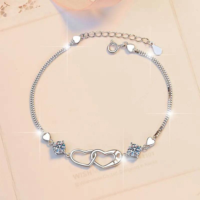Pulsera de Plata Esterlina 925, diseño 2 corazones unidos, moissanita de 1 Quilate, certificado GRA