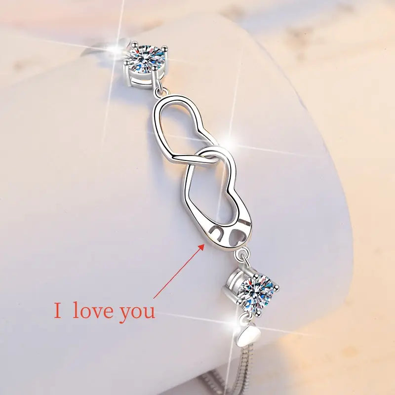 Pulsera de Plata Esterlina 925, diseño 2 corazones unidos, moissanita de 1 Quilate, certificado GRA