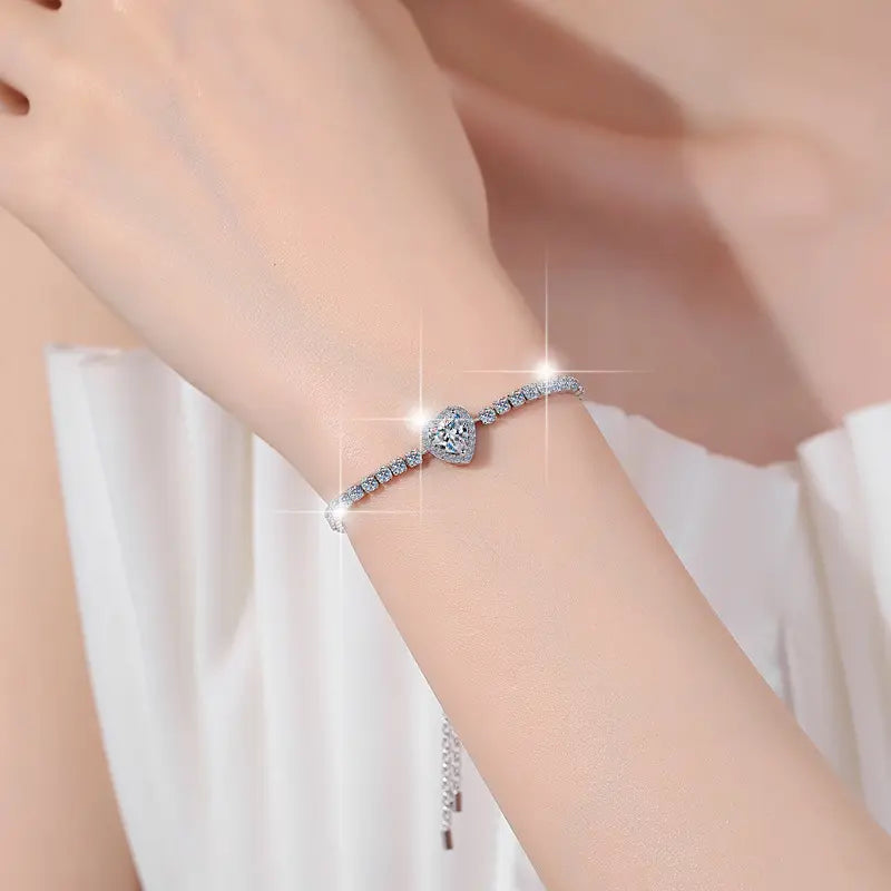 Pulsera de Plata Esterlina 925, diseño corazón único moissanita de 2 Quilate, certificado GRA