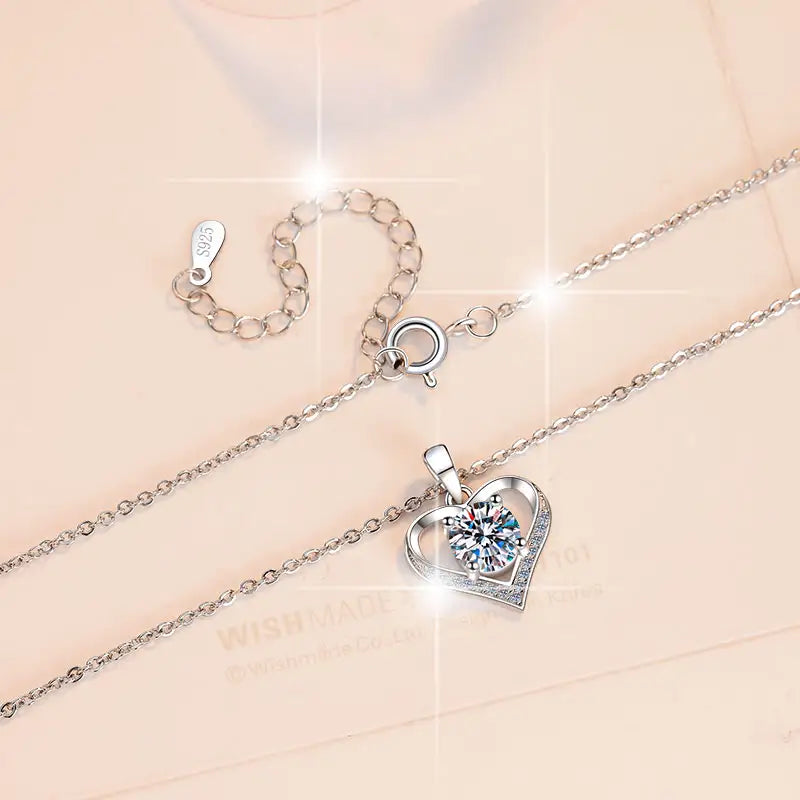 Collar de Plata Esterlina 925, diseño corazón único moissanita de 1 CT, certificado GRA