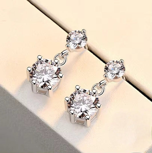 Aros de Plata Esterlina 925 y Zircón, corte redondo, doble, con tope.