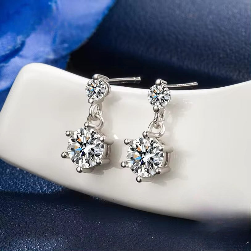 Aros de Plata Esterlina 925 y Zircón, corte redondo, doble, con tope.