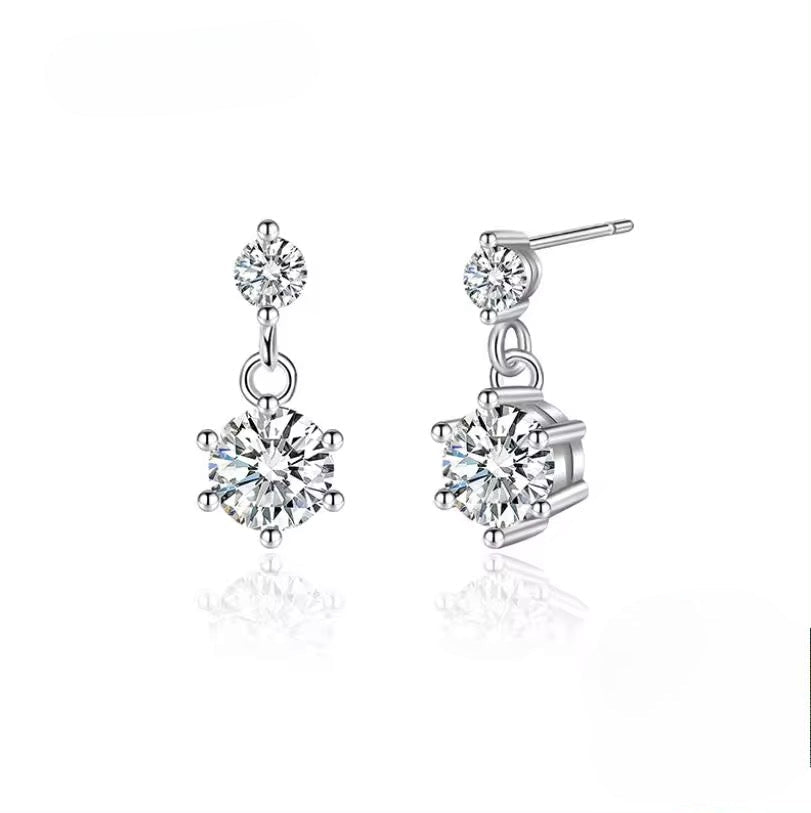Aros de Plata Esterlina 925 y Zircón, corte redondo, doble, con tope.