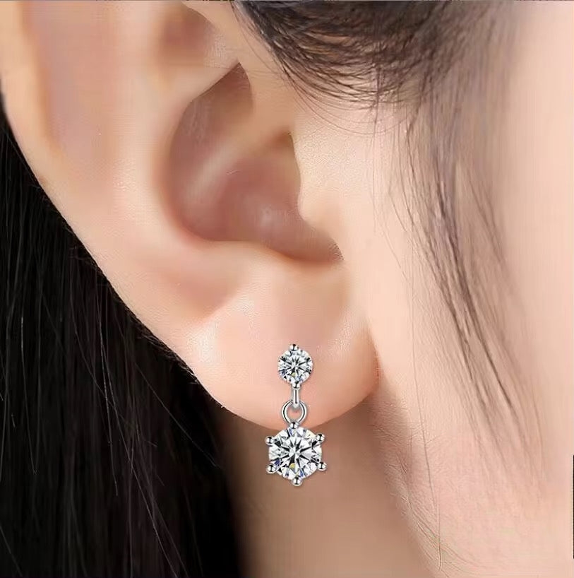 Aros de Plata Esterlina 925 y Zircón, corte redondo, doble, con tope.
