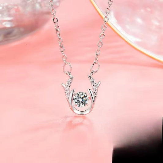 Collar de Plata Esterlina 925 y Zircón, diseño Animal ciervo, Blanco, Largo 45 cm.