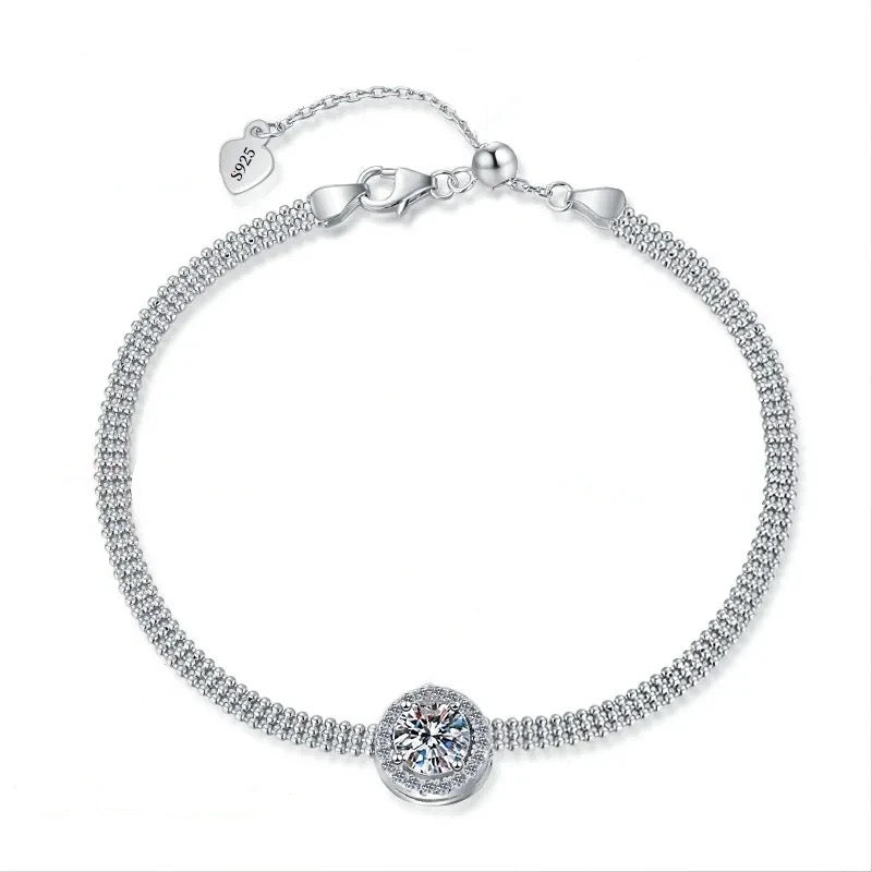 Pulsera Plata Esterlina 925 y Moissanita, autoajustable, Largo 20 cm, rodio, 1 quilate, Color D, VVS1, certificado GRA