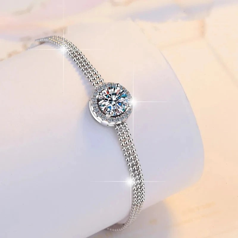 Pulsera Plata Esterlina 925 y Moissanita, autoajustable, Largo 20 cm, rodio, 1 quilate, Color D, VVS1, certificado GRA