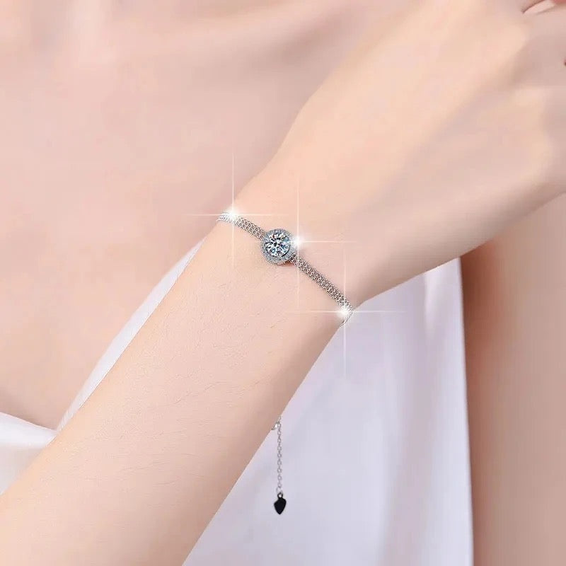 Pulsera Plata Esterlina 925 y Moissanita, autoajustable, Largo 20 cm, rodio, 1 quilate, Color D, VVS1, certificado GRA