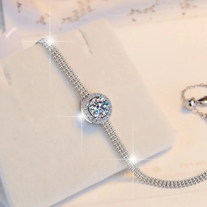 Pulsera Plata Esterlina 925 y Moissanita, autoajustable, Largo 20 cm, rodio, 1 quilate, Color D, VVS1, certificado GRA