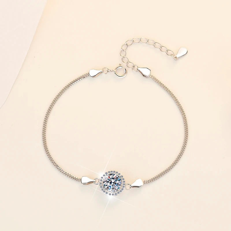 Pulsera Plata Esterlina 925 y Moissanita, autoajustable, Largo 20 cm, rodio, 1 quilate, Color D, VVS1, certificado GRA