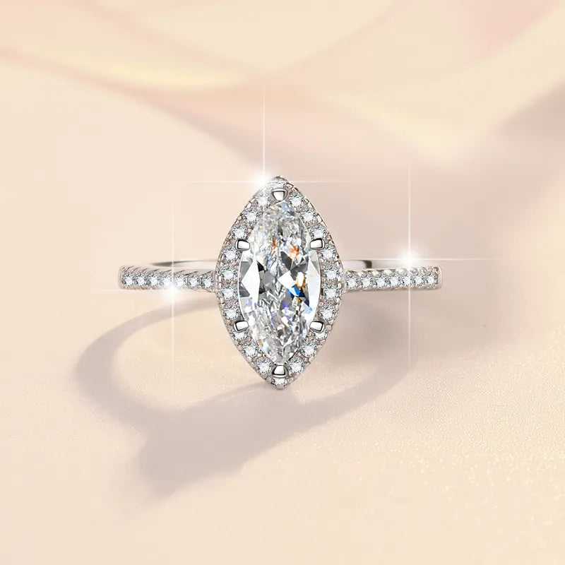 Anillo Plata 925, Rodio, Ojo caballo, Moissanita, 1ct, Certificado GRA