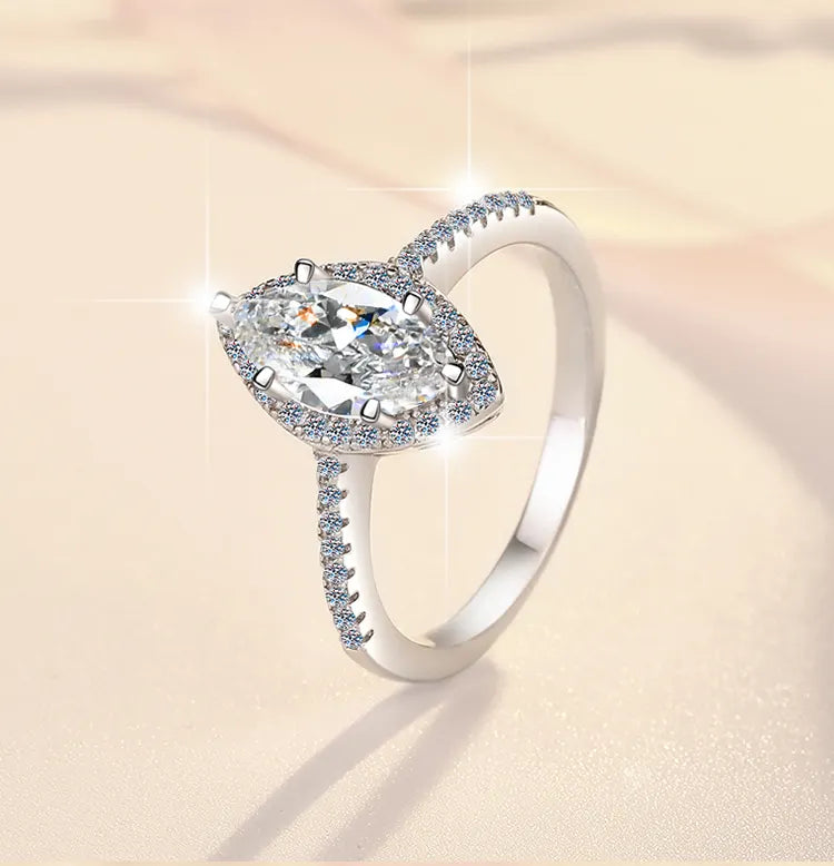 Anillo Plata 925, Rodio, Ojo caballo, Moissanita, 1ct, Certificado GRA