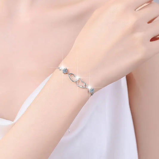 Pulsera de Plata Esterlina 925, diseño 2 corazones unidos, moissanita de 1 Quilate, certificado GRA