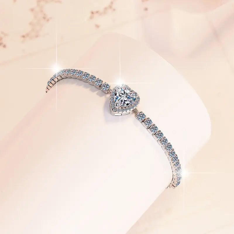 Pulsera de Plata Esterlina 925, diseño corazón único moissanita de 2 Quilate, certificado GRA