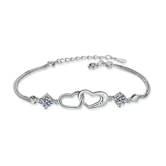Pulsera de Plata Esterlina 925, diseño 2 corazones unidos, moissanita de 1 Quilate, certificado GRA