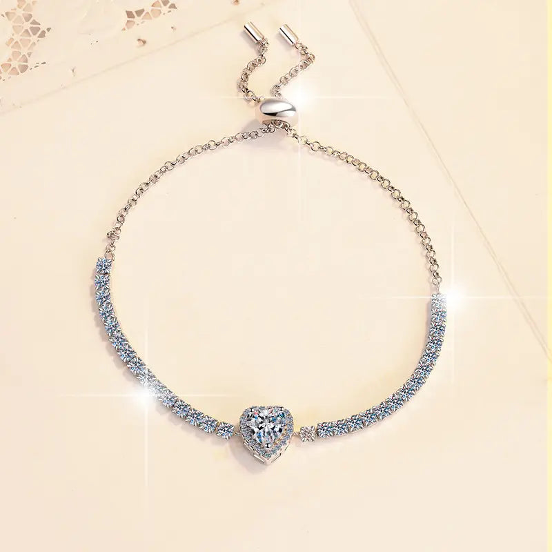 Pulsera de Plata Esterlina 925, diseño corazón único moissanita de 2 Quilate, certificado GRA
