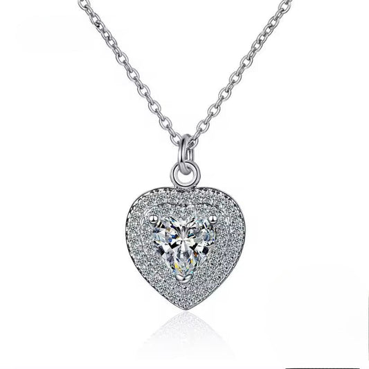 Collar de Plata Esterlina 925 y Zircón, diseño de corazones grande, Color Blanco, Largo 45 cm.