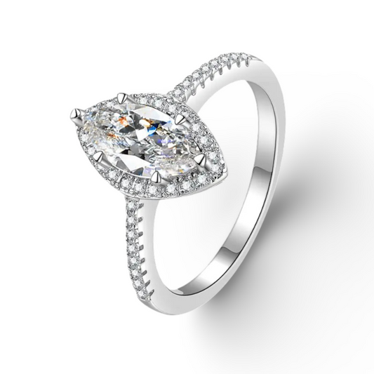 Anillo Plata 925, Rodio, Ojo caballo, Moissanita, 1ct, Certificado GRA